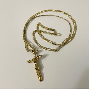 JH Gold Tone Figaro Link Chain Crucifix Necklace